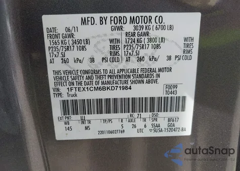 2011 Ford F-150 Xlt z USA, uszkodzony, nr VIN 1FTEX1CM6BKD71984